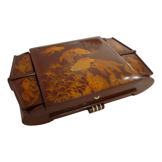 Large Mid-Century Asianf Lacquered Wood Jewelry Box with Fish, 1950s For Sale