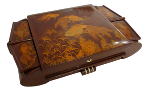 Large Mid-Century Asianf Lacquered Wood Jewelry Box with Fish, 1950s