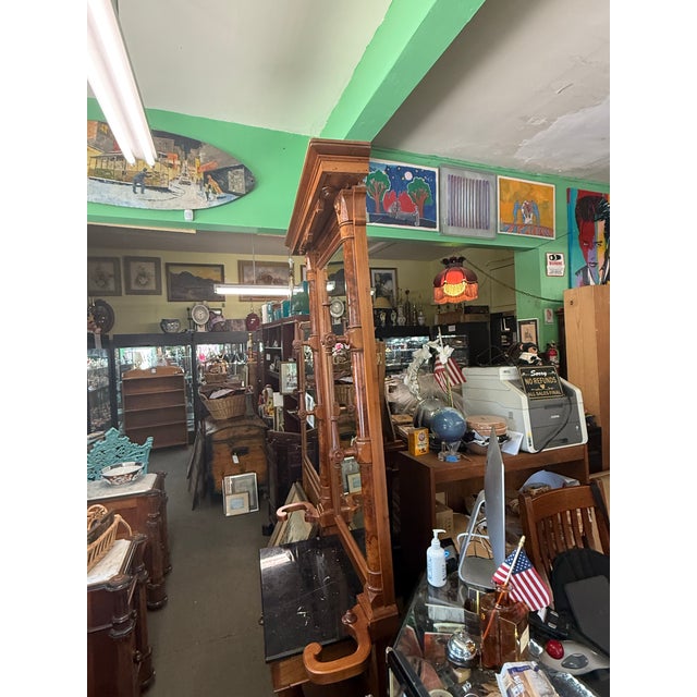 Victorian Walnut & Burled Walnut Hall Tree – 94½” Tall, Original Drip Pans, Black Marble, Beveled Mirror (C. 1880s) For Sale In San Francisco - Image 6 of 12