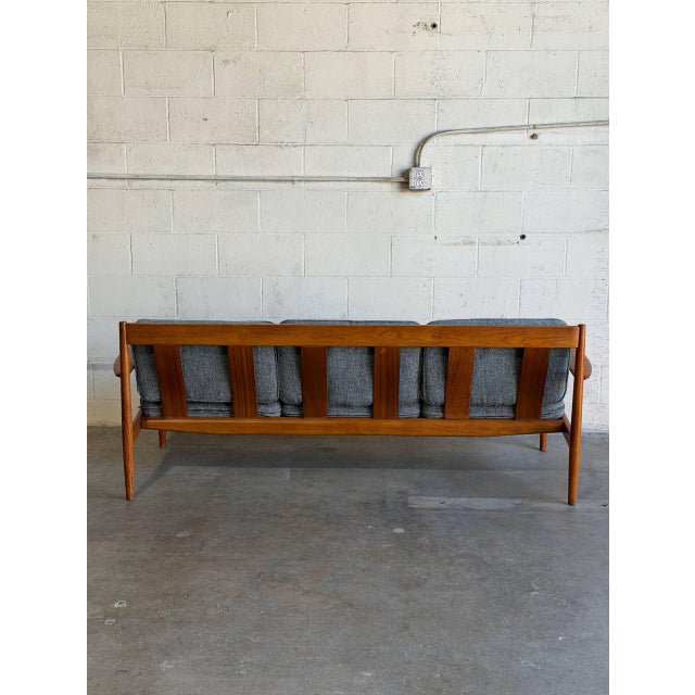 Cado In Style of France and Son Cado Sofa Model 56 Couch Grete Jalk Teak Wood Grey Upholstered Denmark Mid-Century Modern 1960s For Sale - Image 4 of 13