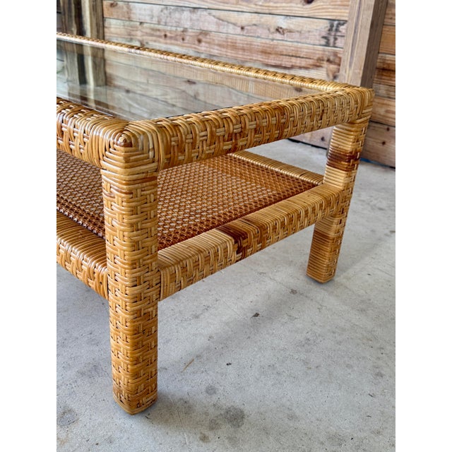 Contemporary Vintage Coastal Organic Modern Rattan Wrapped Cane Coffee Table With Glass Top For Sale - Image 3 of 12