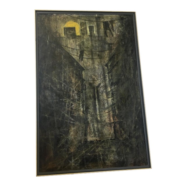 Mid-Century Large Dark Alley Way Signed & Dated Painting For Sale