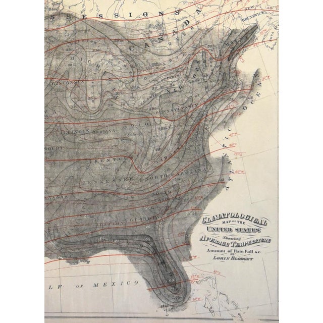 This highly informative 32" x 20" antique map, titled "Geological Map of U.S. - Isothems Temperature & Rain fall," was...