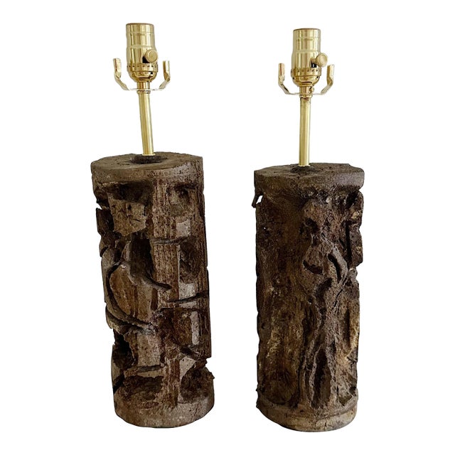 Pair Brutalist Mid Century Lamps Signed For Sale