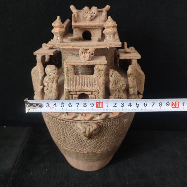 White Chinese Ceramic Pot,Brown Glaze Porcelain Granary Jar Hand Carved Figures and Architecture Pattern For Sale - Image 8 of 11