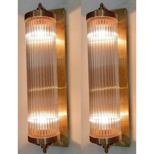 Pair Vintage Old Art Deco Skyscraper Brass & Glass Rod Ship Light Wall Sconces Lamp EXCELLENT Working Condition Without...
