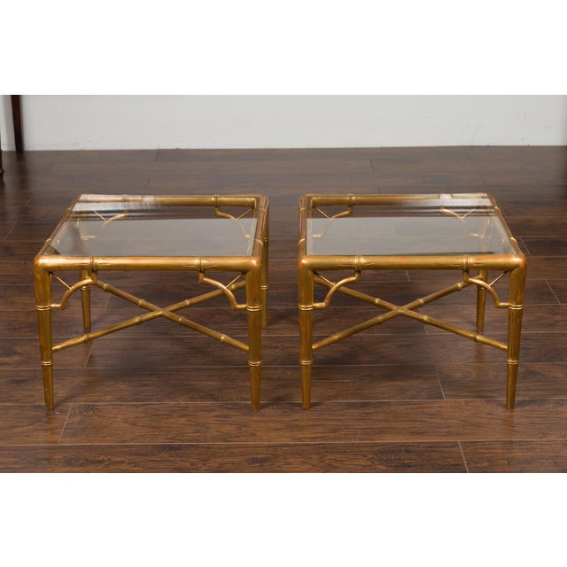 Mid-Century Modern Pair of French Midcentury Gilt Faux Bamboo Drinks Tables with Glass Tops For Sale - Image 3 of 12