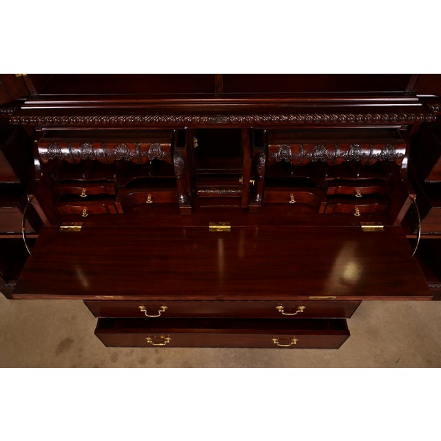 Wood Baker Furniture Style English Georgian Carved Mahogany Breakfront Bookcase Cabinet With Drop Front Secretary Desk For Sale - Image 7 of 13