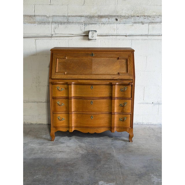 Brown Oak Slant-Front Bureau Writing Desk With Storage Mid-Century Modern 1970s For Sale - Image 8 of 11