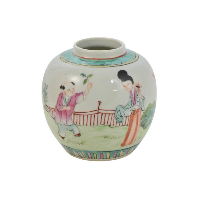 Chinese ceramic four inch ball ginger jar vase, intricately hand painted in aqua, ruby red, celadon green on white...