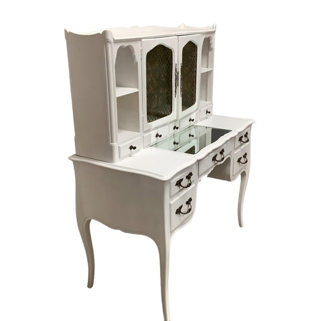 Paint Vintage Vanity or Desk French Country Painted White Wire Doors Mirrored Top Multiple Drawers Wallpapered Interior Top For Sale - Image 7 of 12