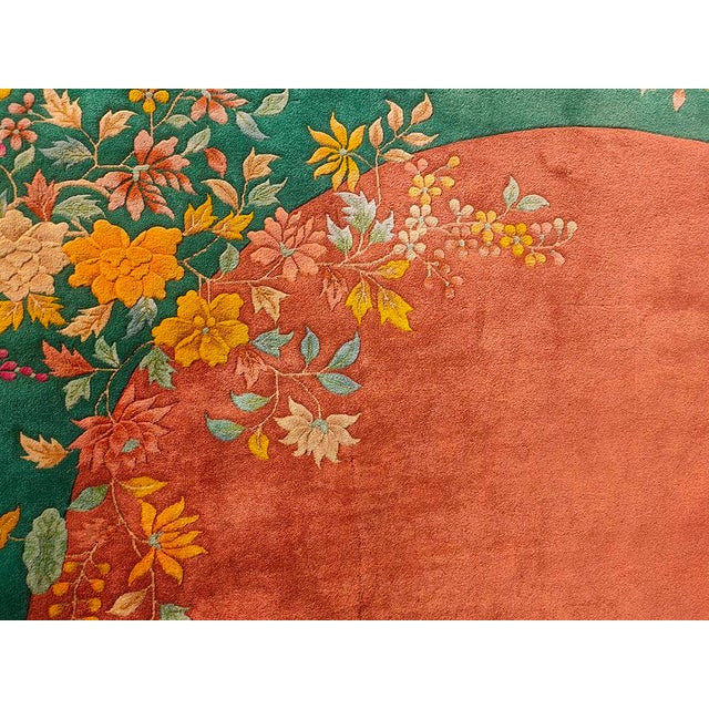 1920s 1920s Orange Open Field Floral Modern Antique Chinese Art Deco Knotted Wool Rug For Sale - Image 5 of 11