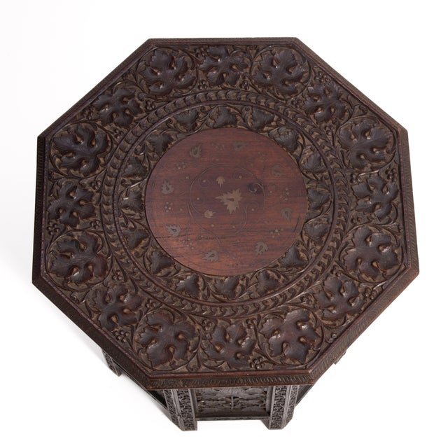 Anglo Indian Teak Octagonal Folding Side Tea Table Hand Carved Campaign Original Finish 1900 For Sale - Image 9 of 18