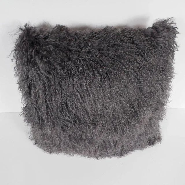 Custom Handmade Mongolian Lamb Pillow in Slate Gray With Cashmere Wool Back For Sale - Image 4 of 11