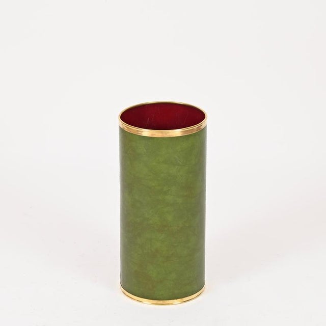 Mid-Century Green Leatherette and Brass Umbrella Stand from Aldo Tura, Italy, 1970s For Sale - Image 4 of 13