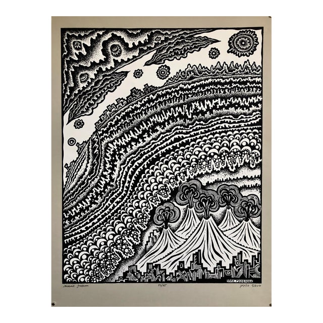 Michail Grobman, Large Post Soviet Non Conformist Russian Israeli Volcano Lithograph Silkscreen For Sale