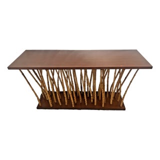 Mid-Century Console Sofa Table Hollywood Regency Bamboo & Wood Forest-Base For Sale