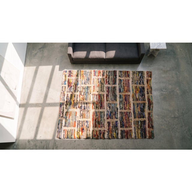 1930s Multicolor Geometric Folk Art Antique American Hooked Rug 3'3" X 3'10" Handknotted Wool Carpet For Sale - Image 12 of 14