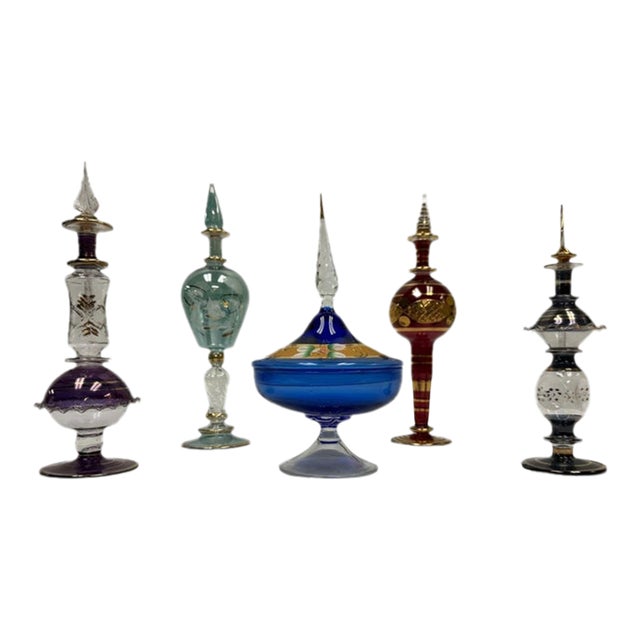 Vintage Hand-Blown Egyptian Pyrex Glass Genie Perfume Bottles – Collection of 5 For Sale