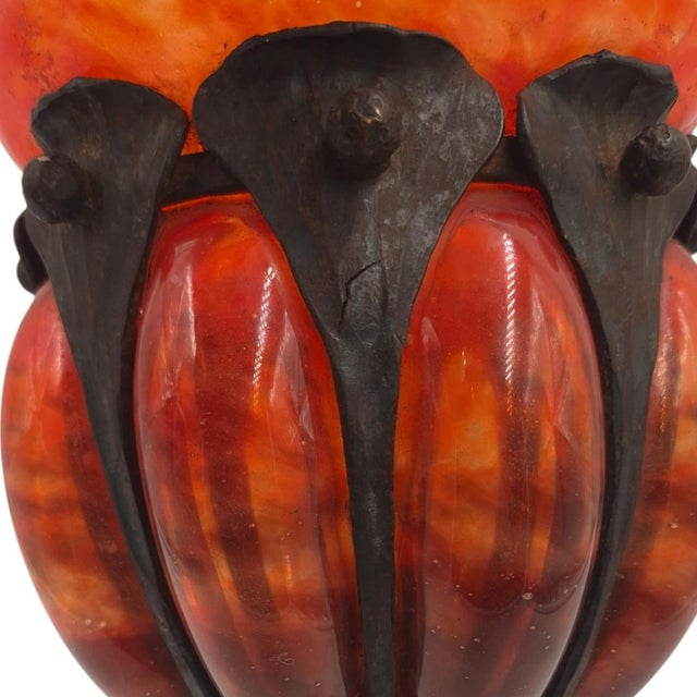 Charles Schneider 1920s Art Deco Charles Schneider Mottled Art Glass Compote in Wrought Iron Mount - 8" For Sale - Image 4 of 10