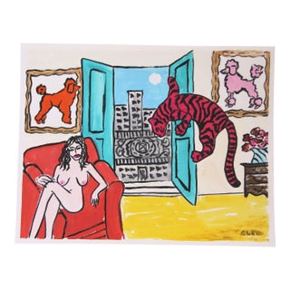 Nude Tiger Dog Poodle Interior Pop Art Surreal Impressionist Red Aqua Yellow Gray Original Painting by Cleo Plowden For Sale