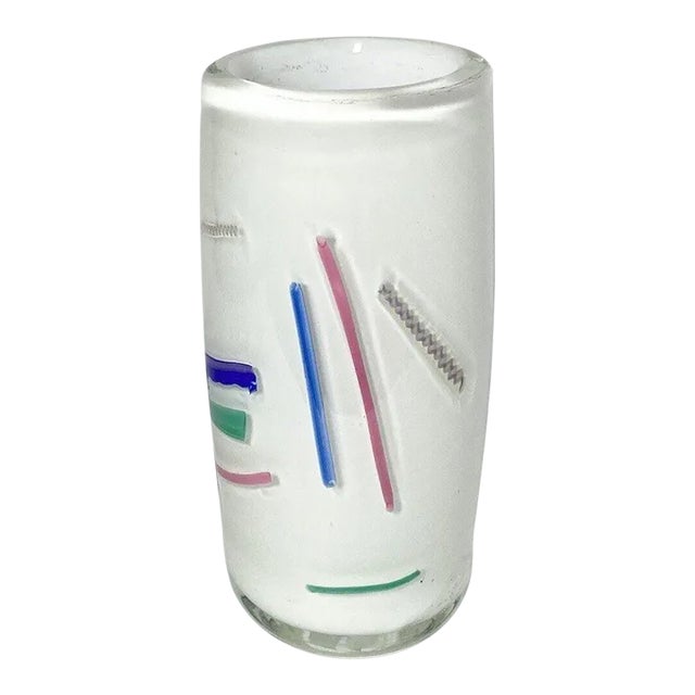 Lowell Duell 1988 Handblown Studio Art Glass Milky White & Pastel Confetti Vase For Sale