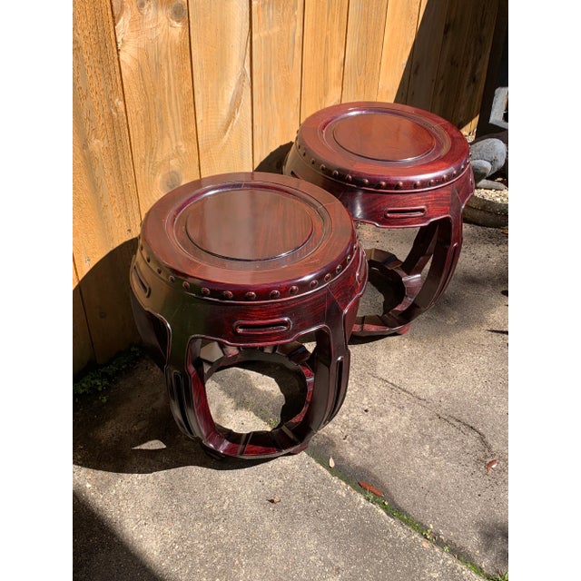 Chinoiserie Vintage Chinese Rosewood Garden Stools-A Pair For Sale - Image 3 of 13