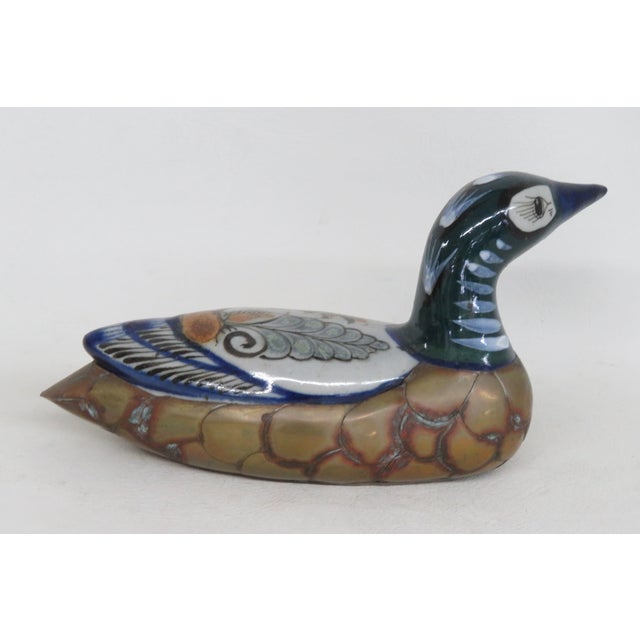 Tonala Mexico Brass Ceramic Duck Mid Century Modern Hand Painted Folk Art 4520b For Sale - Image 4 of 15