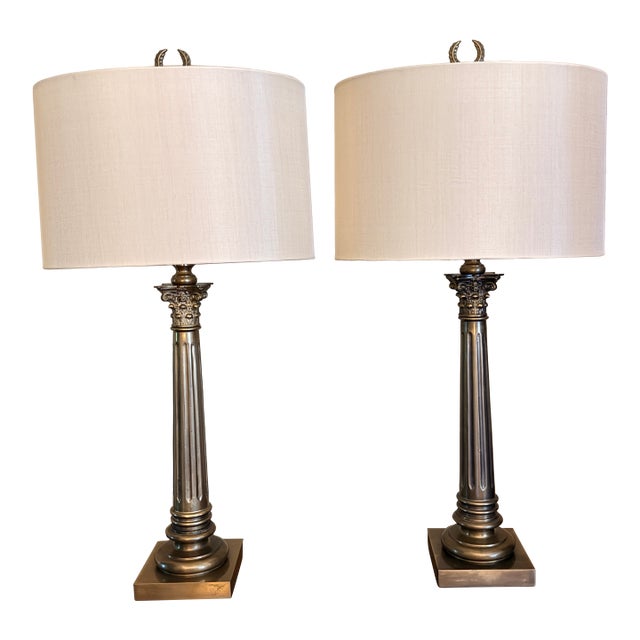 Pair of Neoclassical Brass Lamps For Sale