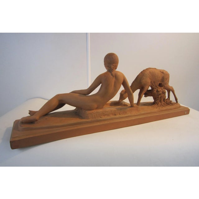 Art Deco French Art Deco Terracotta Seated Nude With Fawn, Signed Ary Bitter For Sale - Image 3 of 13