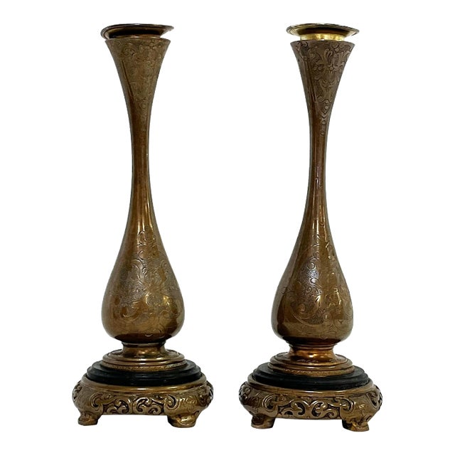Antique French Embossed Bronze Candle Holders- a Pair For Sale