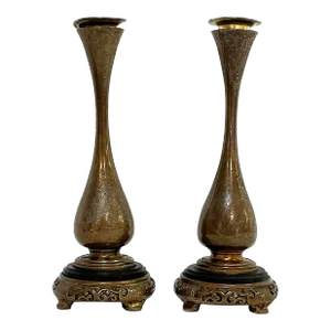 Antique French Embossed Bronze Candle Holders- a Pair