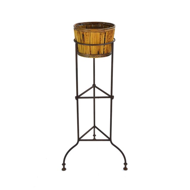 Industrial Vintage Industrial Steel Tripod Base Plant Stand With Bamboo Basket For Sale - Image 3 of 8