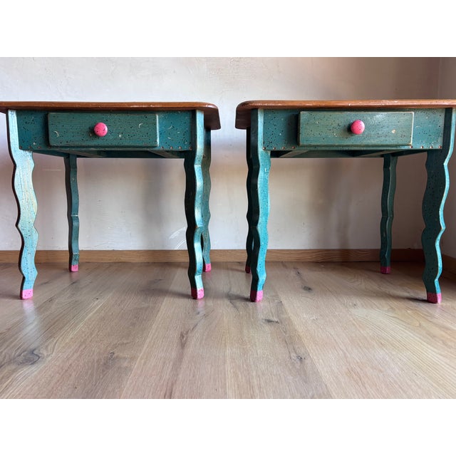 1980s Handmade Folk Art Side Tables Nightstands David Marsh/Marsh Fun Co Handpainted Solid Ponderosa Pine Rustic Southwest Cabin Post Modern Memphis Style For Sale - Image 5 of 18
