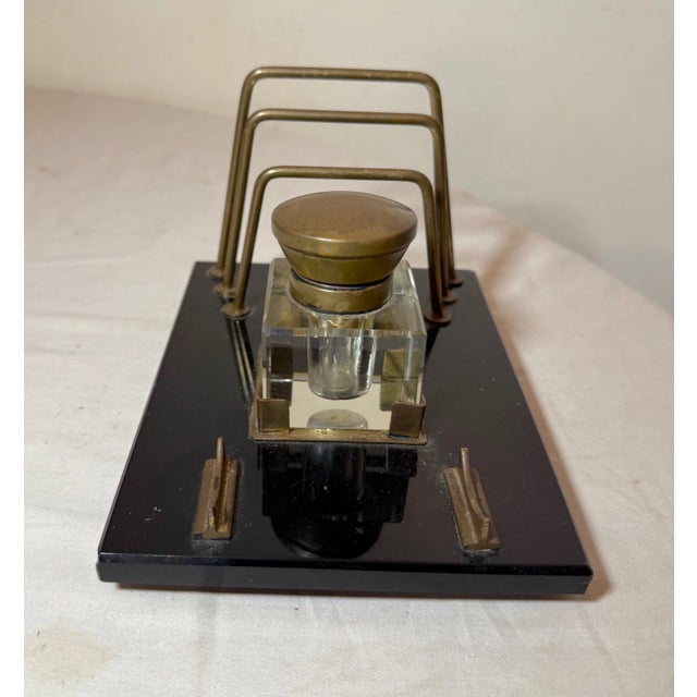 19th Century Antique Black Glass Bronze Brass Desk Inkwell Jar Letter Pen Holder Stand For Sale - Image 5 of 10