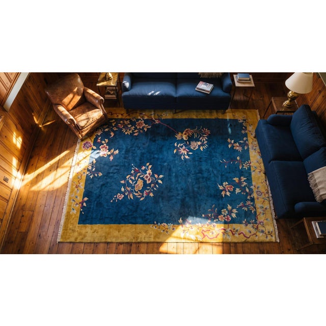 1920s Royal Blue Floral Antique Chinese Art Deco Rug 8'10" X 11'4" Handknotted Wool Carpet For Sale - Image 9 of 9