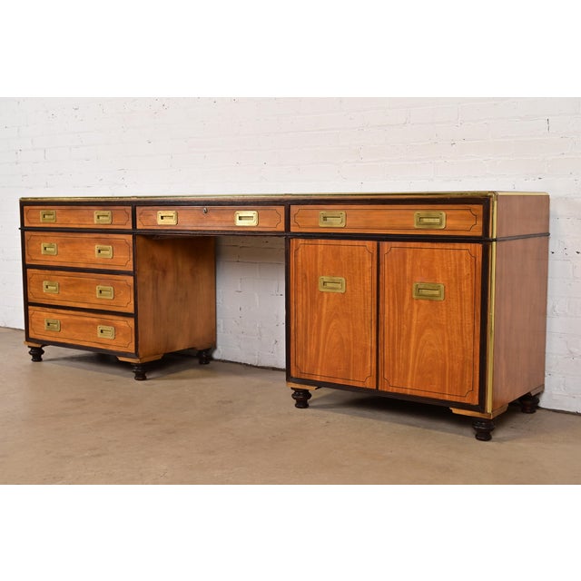 Mid-Century Modern Baker Furniture Mid-Century Hollywood Regency Campaign Satinwood Desk or Executive Credenza, Circa 1960s For Sale - Image 3 of 12