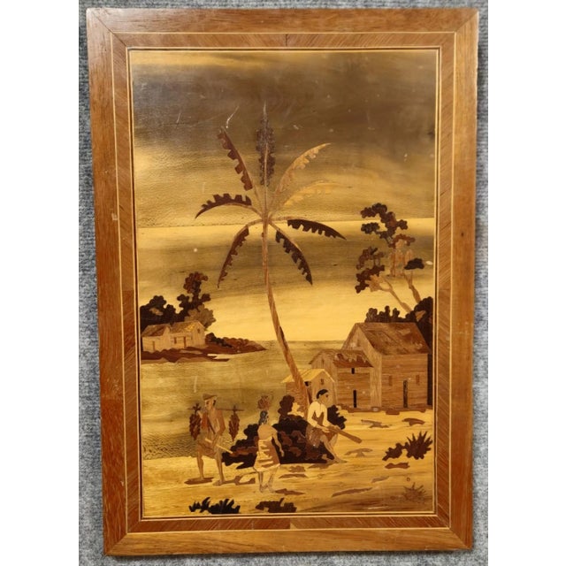 Wood Antique Wood Marquetry Panel with Exotic Scene For Sale - Image 7 of 7