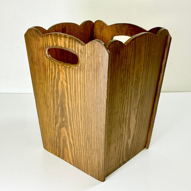 1970s Vintage Folk Art Boho Chic Walnut Wood Wastebasket For Sale - Image 6 of 10