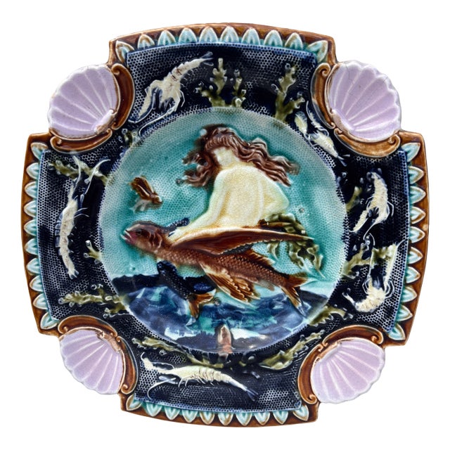 19th Century Square Majolica Mermaid Wall Plate For Sale