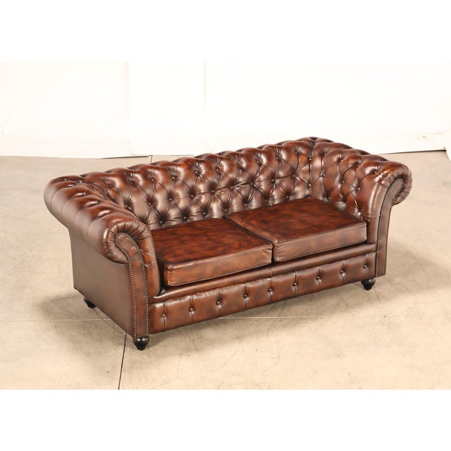 English Chesterfield Style Brown Leather Sofa For Sale - Image 3 of 18