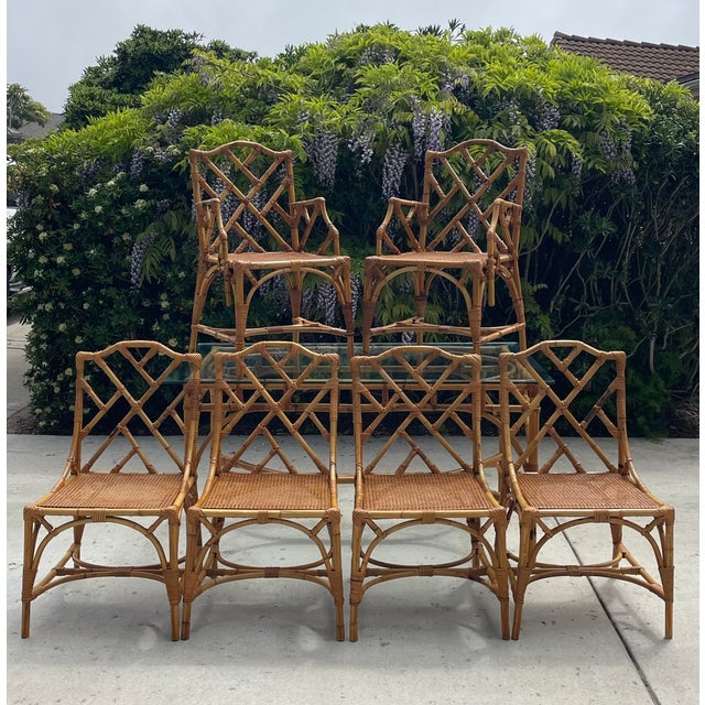 Late 20th Century Italian Vintage Rattan Chippendale Style Dining Chairs, Set of 6 After Dal Vera For Sale - Image 5 of 8