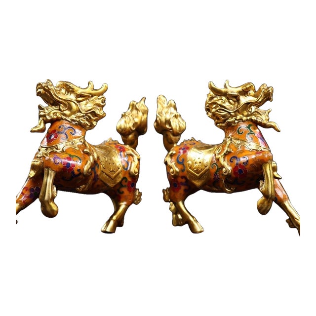 Pair of Vintage Cloisonné Enamel Bronze Qilin Statues Foo Dogs 6.3" For Sale