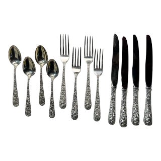 12 Piece Set of Kirk & Son Sterling Silver Repousse Pattern Luncheon Flatware, 1950s For Sale