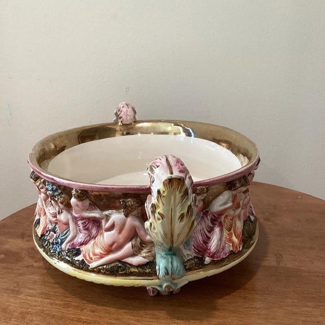 Rare Antique Porcelain Majolica Capodimonte Centerpiece Oval Bowl with handles, rim 24K Gold Hand Painted Centerpiece...
