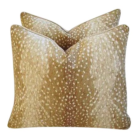 Custom Tailored Antelope Fawn Spot Velvet Feather Down Pillows 21" X 18" - Pair For Sale