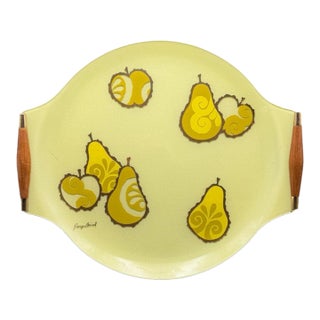 Vintage MCM Georges Briard Large Fruit Curved Glass Tray W/ Wood Handles For Sale