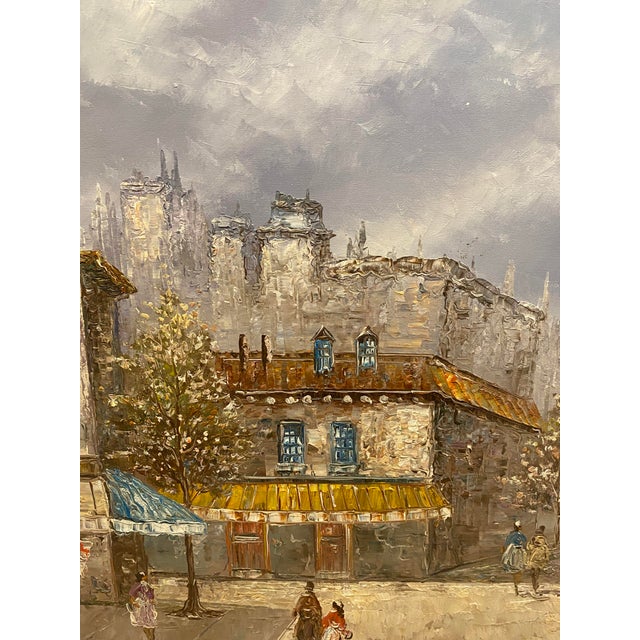 Wood Large Louis Basset Paris Street Scene Oil Painting, Montmartre Café Landscape For Sale - Image 7 of 11