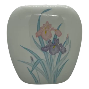 Mid 20th Century Japanese Porcelain White Vase With Purple and Pink Irises