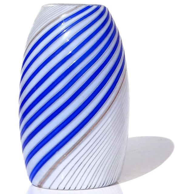 Beautiful vintage Murano hand blown white and sapphire blue ribbons Italian art glass small flower bud vase. Documented to...